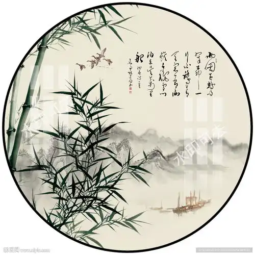 新中式水墨竹子山水圆形装饰画设计图

