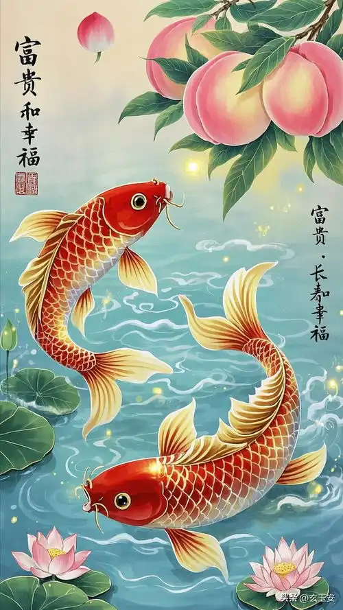 锦鲤戏波,桃献寿桃,岁岁平安,鸿运当头,前程似锦
