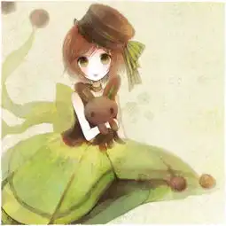 有个戴礼帽的绿色眼睛女孩抱个兔子,而且背景也是绿色的的卡通图片原图谁有就是上面没有字的
