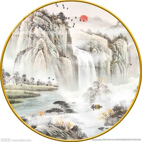 新中式意境水墨山水圆形装饰画图图片
